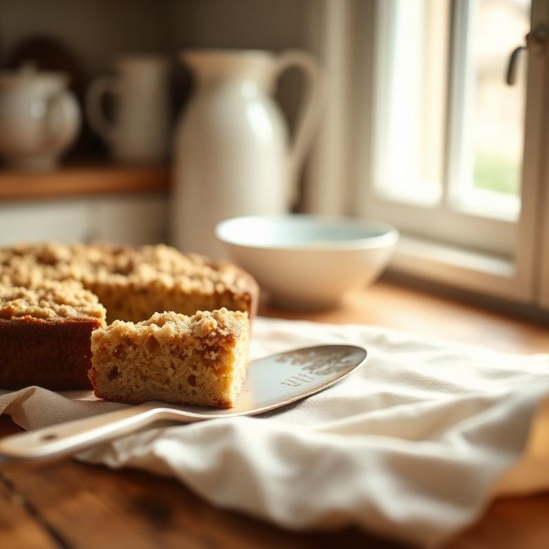 A cream enamel cake server beside a slice of crumb cake on a wooden table.