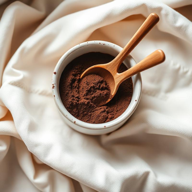 A small white ceramic bowl of dark cocoa powder with a wooden spoon.