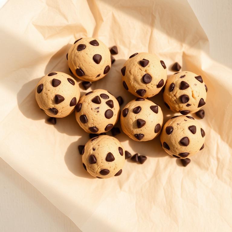 Organic chocolate chip cookie dough balls on parchment.