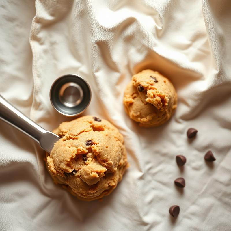 A stainless cookie scoop beside a portioned ball of cookie dough on cream linen.