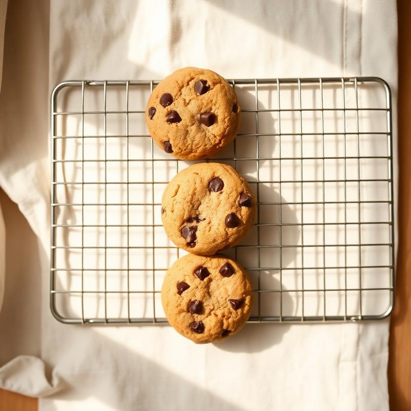 Three golden chocolate chip cookies cooling on a thin metal rack.