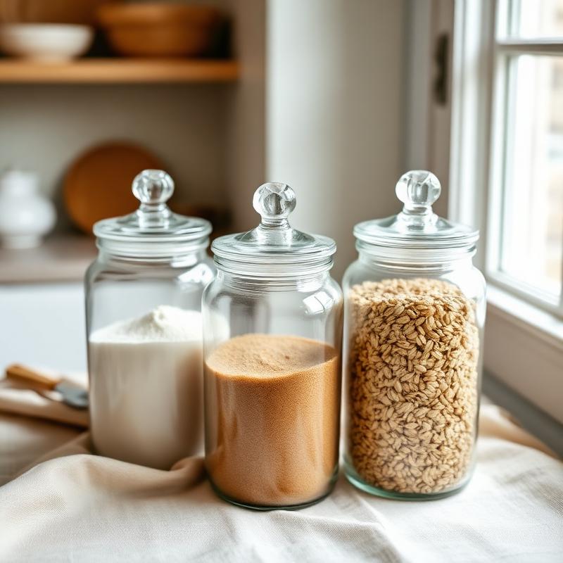 Three glass storage jars filled with flour, brown sugar, and oats by a window.