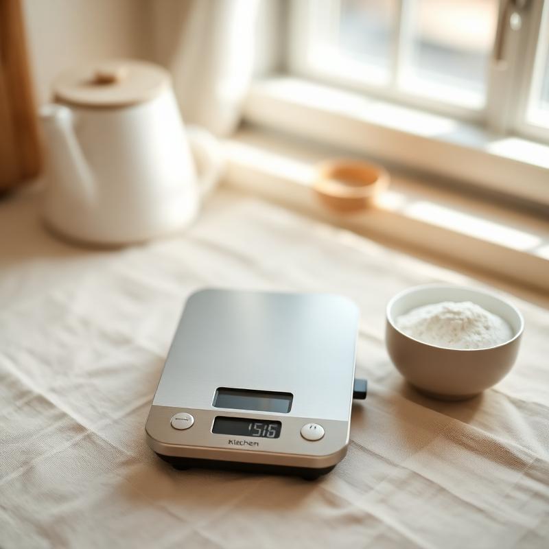 A minimal stainless digital kitchen scale beside a small bowl of flour.