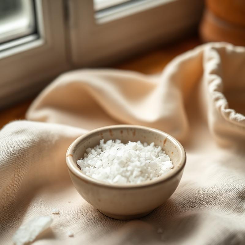 A small ceramic pinch bowl filled with flaky kosher salt on cream linen.