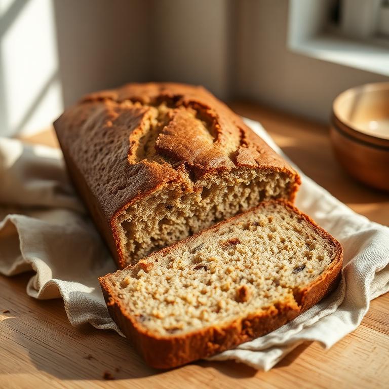 Freshly baked banana bread loaf, sliced.