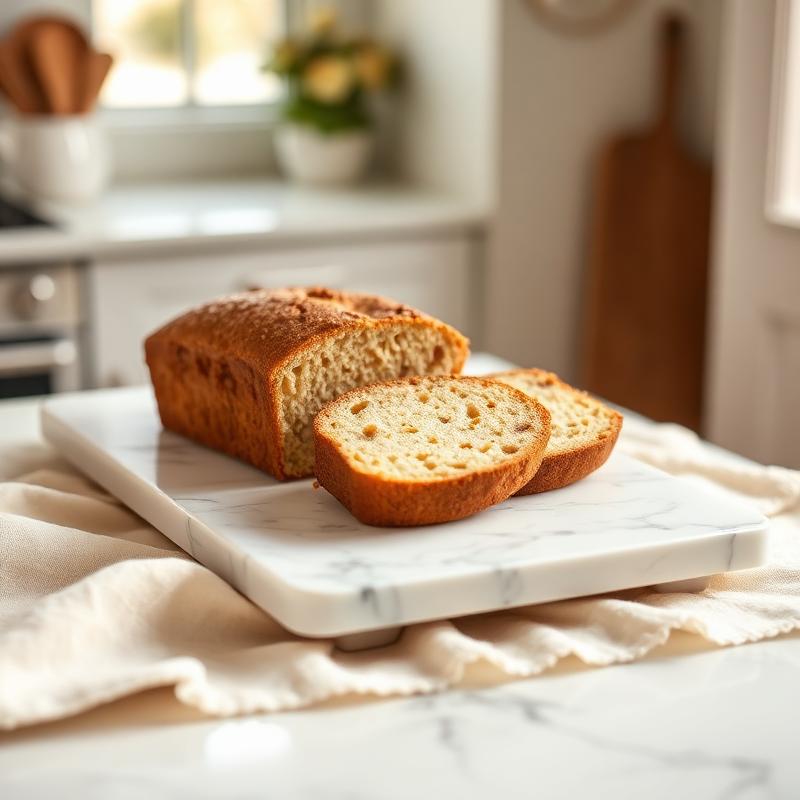 A sliced pound cake on a white marble serving board in a sunlit kitchen.