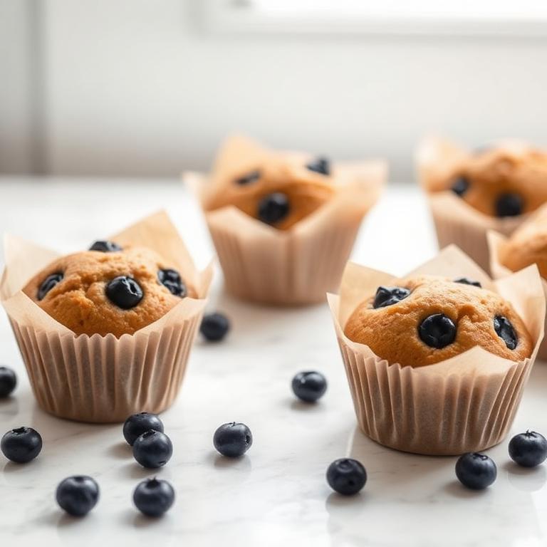 Organic blueberry muffins in parchment liners.