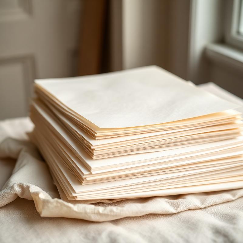 A neatly fanned stack of unbleached parchment paper sheets on cream linen.