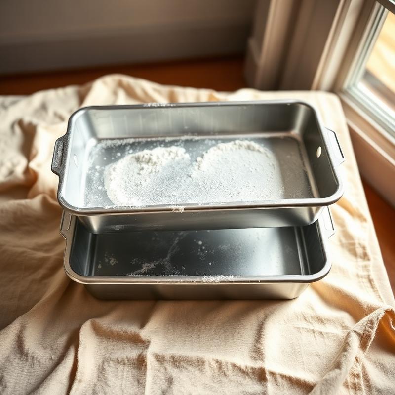 Two stacked aluminum half-sheet baking pans dusted with flour on cream linen.