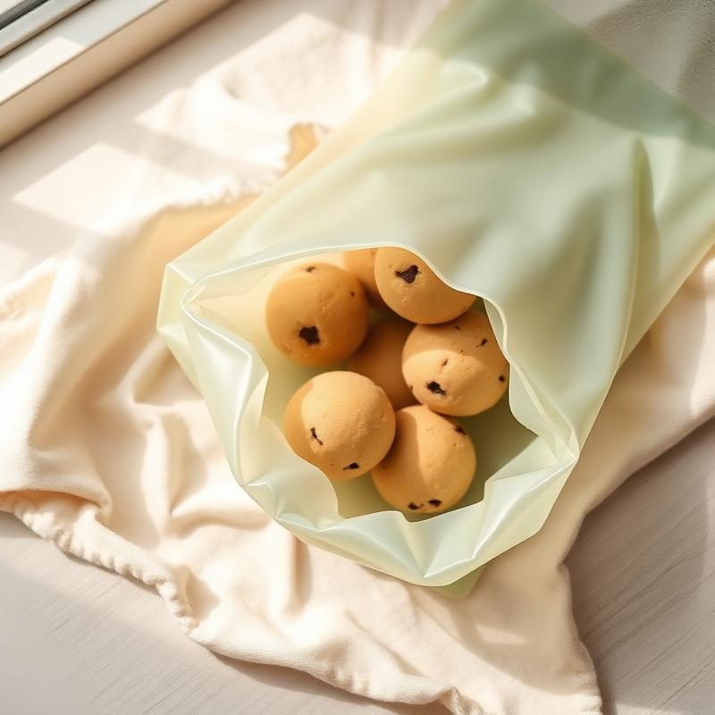 A soft sage silicone reusable bag holding portioned cookie dough balls.