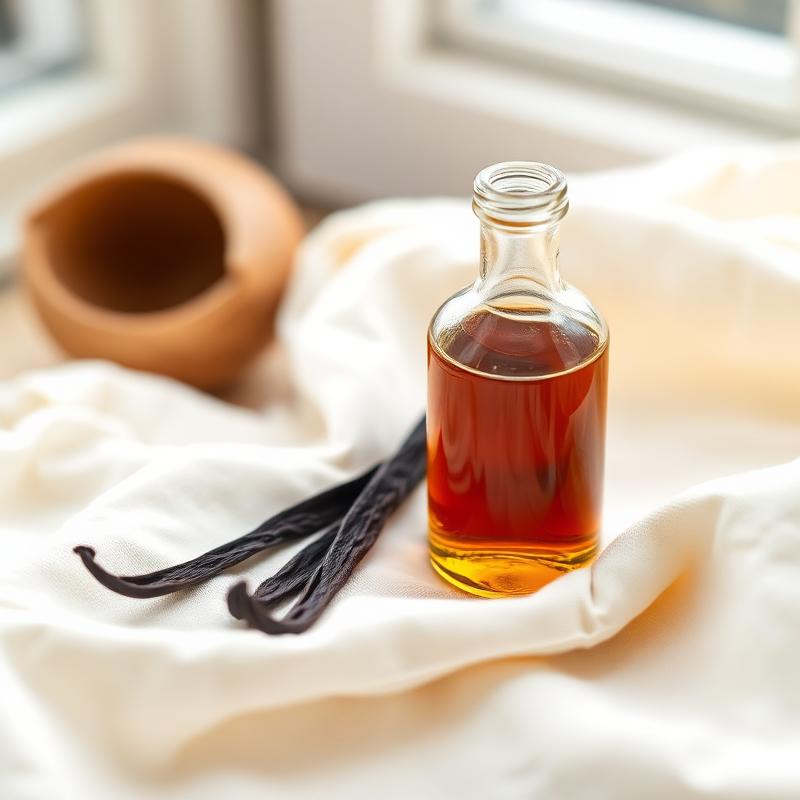 A small amber bottle of vanilla extract beside two dark vanilla bean pods.